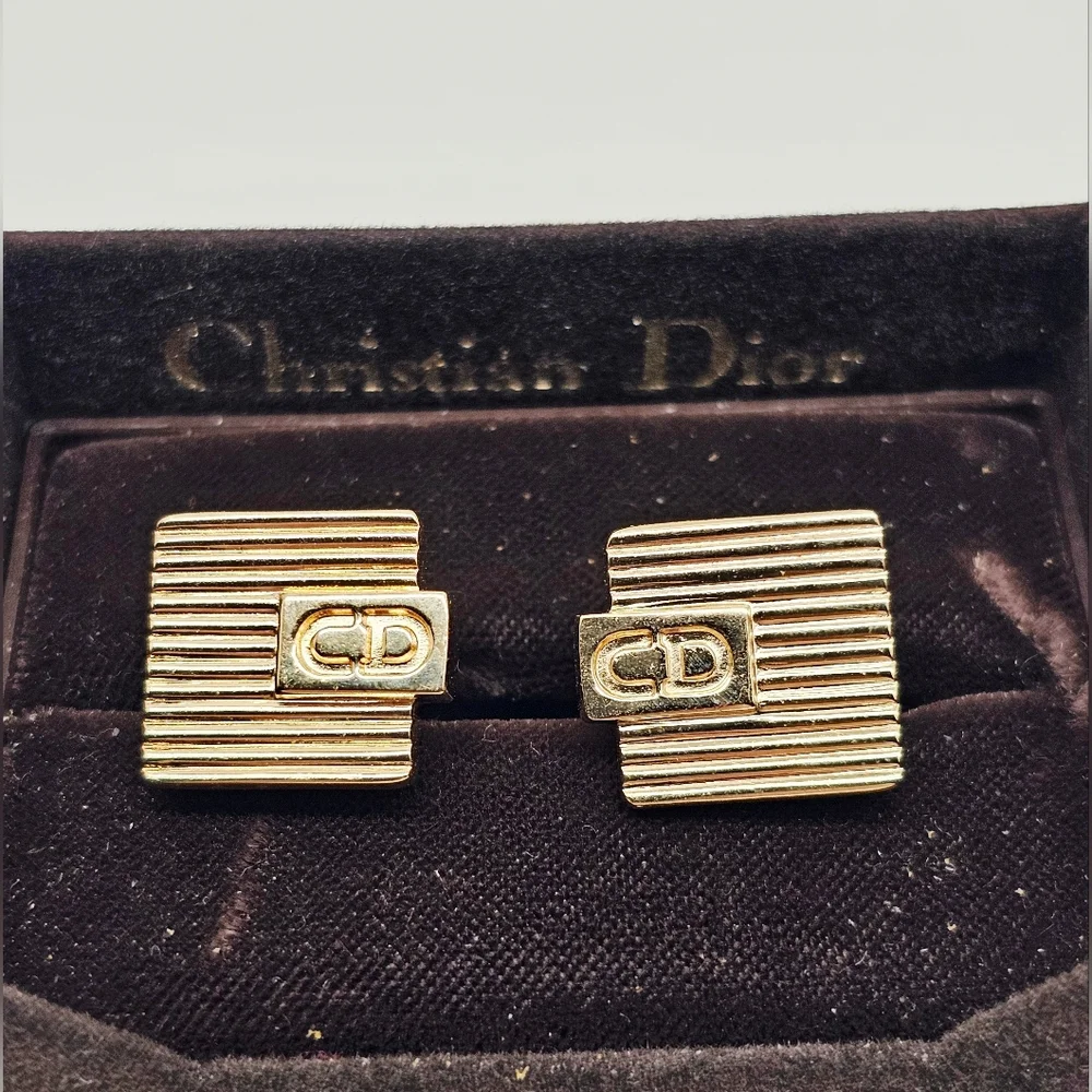 Christian Dior Monsieur Vintage Cufflinks GoldTone Ribbed Original Box And COA